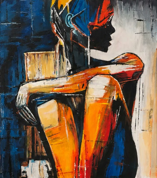 Figure assise, touches bleues, orange et noires